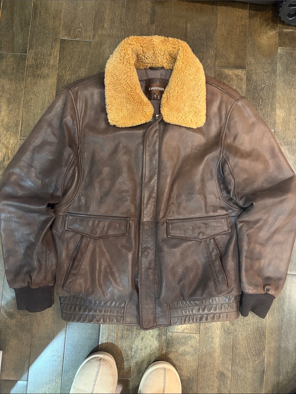 90s Danier Brown Leather Bomber Jacket with Tan Sherpa Collar